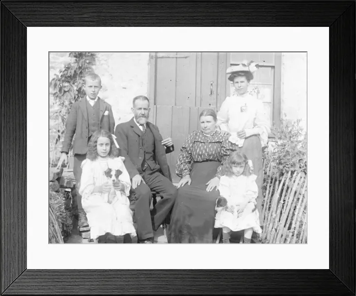 Framed Print : Family group outside house, Mid Wales Framed Print : Family group outside house, Mid Wales