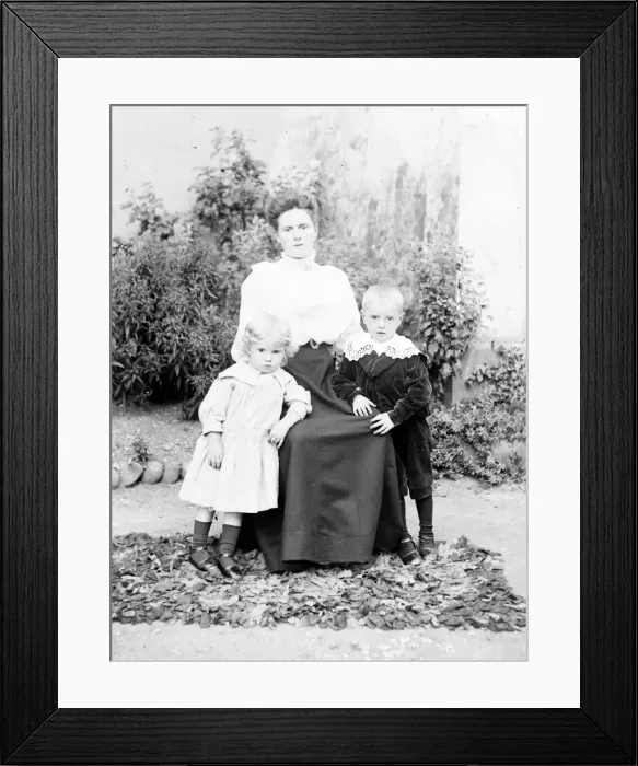 Framed Print : Mother and two children in a garden, Mid Wales Framed Print : Mother and two children in a garden, Mid Wales