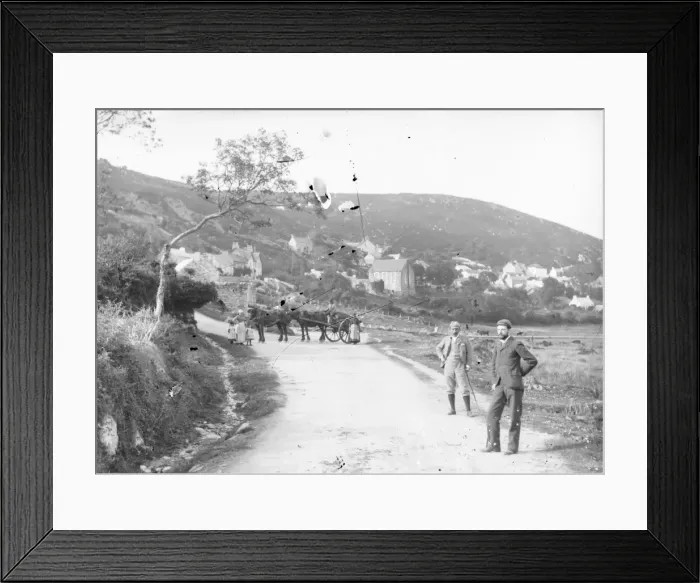 Framed Print : Village scene with people and horses in Mid or South Wales Framed Print : Village scene with people and horses in Mid or South Wales