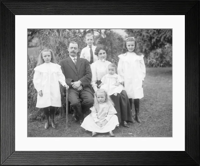Framed Print : Middle class family group in a garden, Mid Wales Framed Print : Middle class family group in a garden, Mid Wales