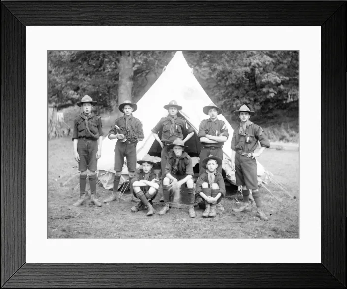 Framed Print : Group of scouts in front of a tent Framed Print : Group of scouts in front of a tent