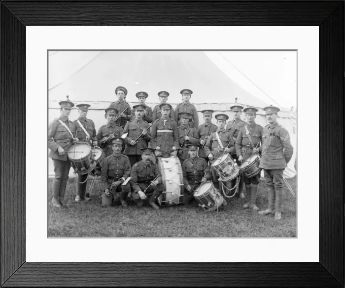 Framed Print : Military band with instruments in front of a tent Framed Print : Military band with instruments in front of a tent