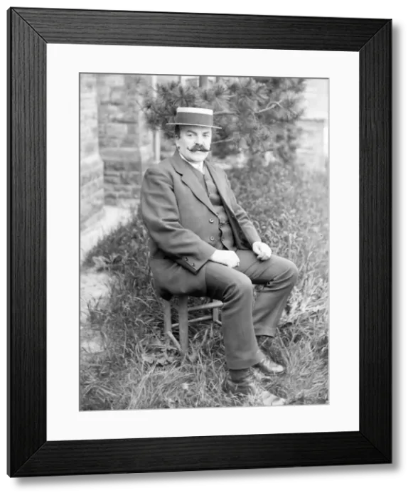 Framed Print : Middle aged man in straw boater in a garden, Mid Wales Framed Print : Middle aged man in straw boater in a garden, Mid Wales