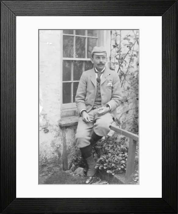 Framed Print : Edwardian man on a window ledge, Mid Wales Framed Print : Edwardian man on a window ledge, Mid Wales