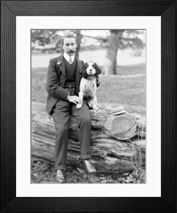 Framed Print : Middle aged man with spaniel, Mid Wales Framed Print : Middle aged man with spaniel, Mid Wales