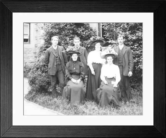 Framed Print : Family group of six in a garden, Mid Wales Framed Print : Family group of six in a garden, Mid Wales