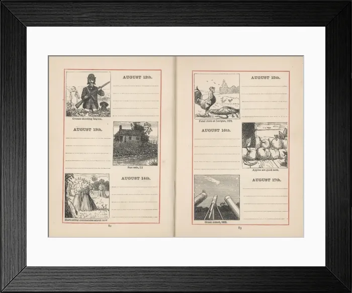Framed Print : Double page spread in a diary for 12-17 August Framed Print : Double page spread in a diary for 12-17 August