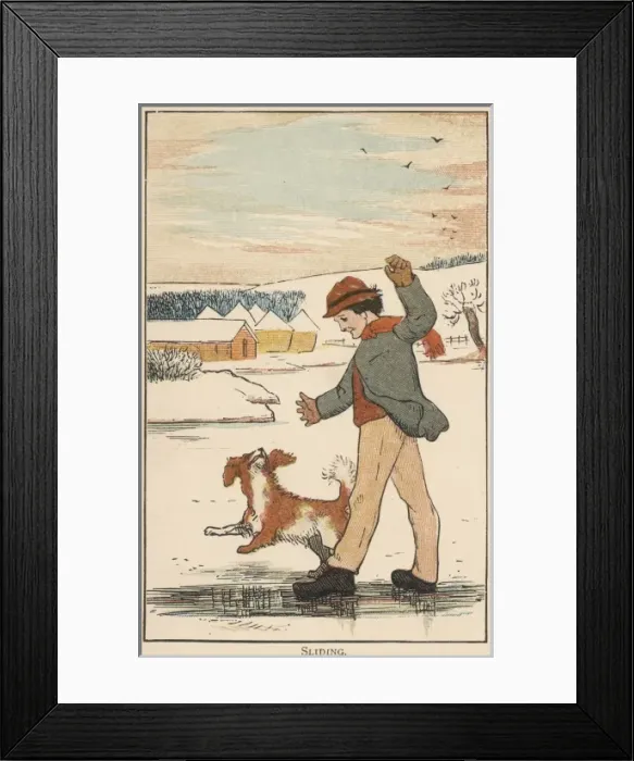 Framed Print : Young boy sliding on the ice with his dog Framed Print : Young boy sliding on the ice with his dog