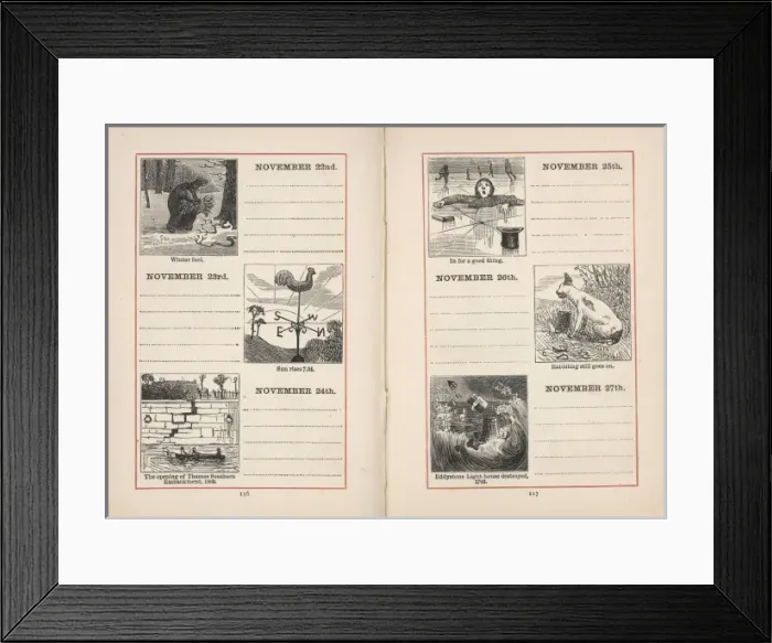 Framed Print : Double page spread in a diary for 22-27 November Framed Print : Double page spread in a diary for 22-27 November