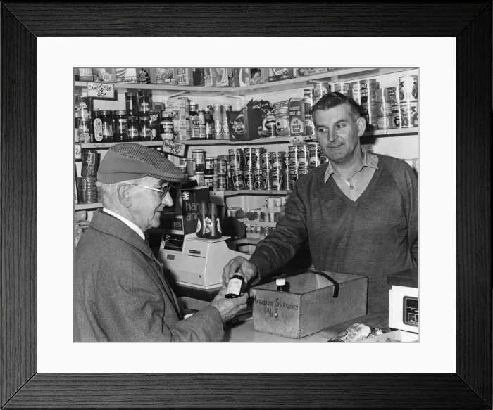 Framed Print : Returning medicine bottle at the Grocers Shop Framed Print : Returning medicine bottle at the Grocers Shop