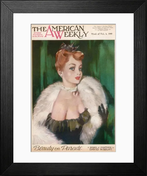 Framed Print : David Wright woman in black evening dress and white fur Framed Print : David Wright woman in black evening dress and white fur
