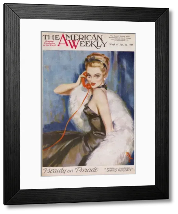 Framed Print : David Wright woman in black evening dress and white fur Framed Print : David Wright woman in black evening dress and white fur