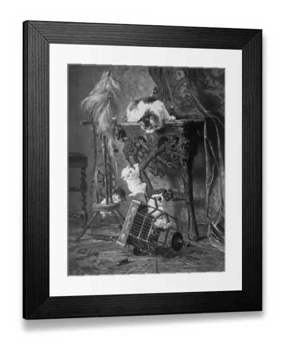 Framed Print : Cat and three kittens with a birdcage Framed Print : Cat and three kittens with a birdcage