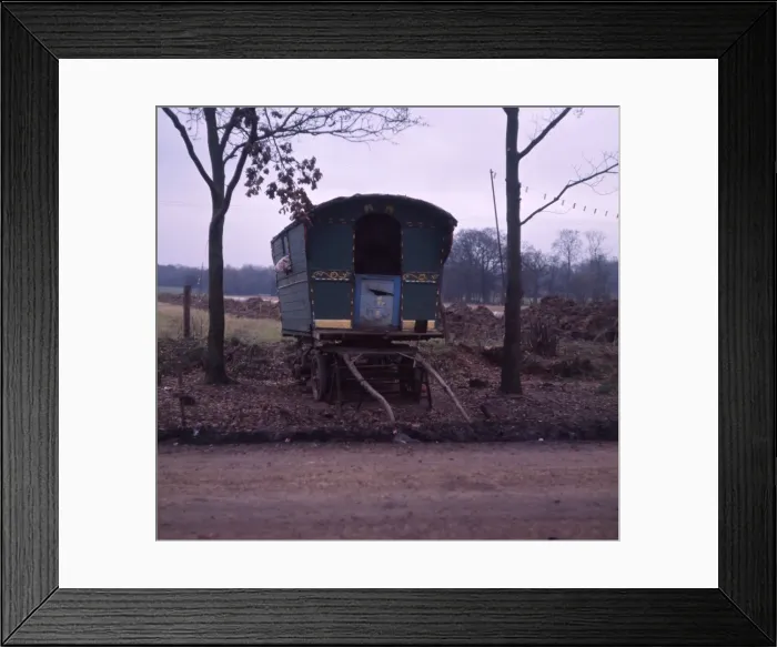 Framed Print : Green gipsy caravan at the side of the road Framed Print : Green gipsy caravan at the side of the road