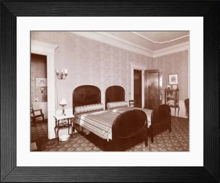 Framed Print : Bedrooms. Bedroom with two twin beds visible Framed Print : Bedrooms. Bedroom with two twin beds visible