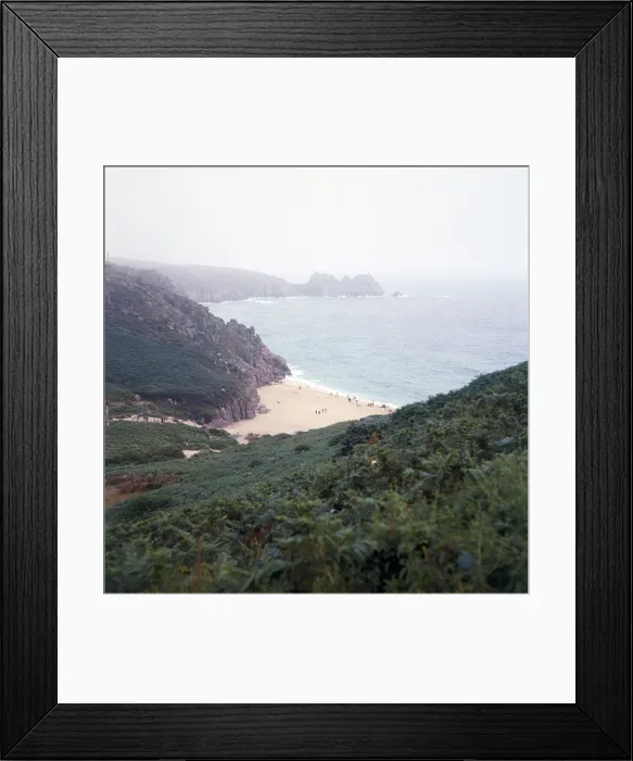Framed Print : Porthcurno Beach with Logan Rock in distance, near Treen, Co Framed Print : Porthcurno Beach with Logan Rock in distance, near Treen, Co