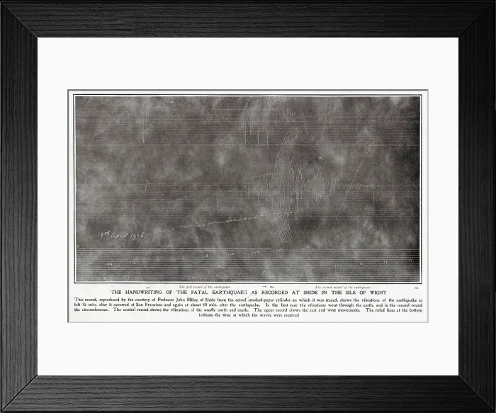 Framed Print : Seismograph reading of the 1906 San Francisco earthquake recorded at Shide on the Isle of Wight by Professor John Milne Framed Print : Seismograph reading of the 1906 San Francisco earthquake recorded at Shide on the Isle of Wight by Professor John Milne