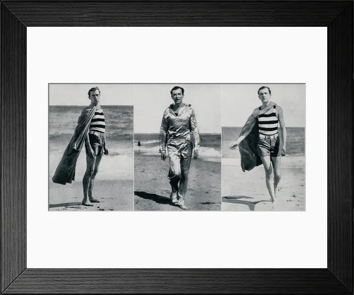 Framed Print : Mr Cecil Beaton (1904-1980) and a new Sleeveless Cloak - a new style for men on Palm Beach, Florida, USA - along with a natty set of satin beige pyjamas. Date: 1929 Framed Print : Mr Cecil Beaton (1904-1980) and a new Sleeveless Cloak - a new style for men on Palm Beach, Florida, USA - along with a natty set of satin beige pyjamas. Date: 1929