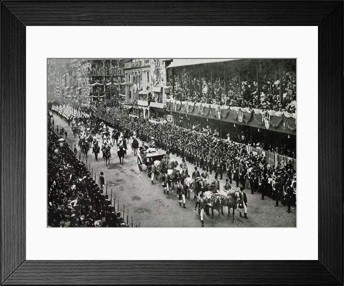 Framed Print : Queen Victoria's Diamond Jubiliee procession passing the clubs on Pall Mall, London. Photograph showing crowds lined the streets to watch the royal carriage go pass Framed Print : Queen Victoria's Diamond Jubiliee procession passing the clubs on Pall Mall, London. Photograph showing crowds lined the streets to watch the royal carriage go pass