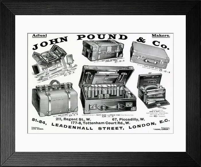 Framed Print : A variety of leather cases, available to buy at John Pound & Co in Leadenhall Street, london. Date: 1908 Framed Print : A variety of leather cases, available to buy at John Pound & Co in Leadenhall Street, london. Date: 1908