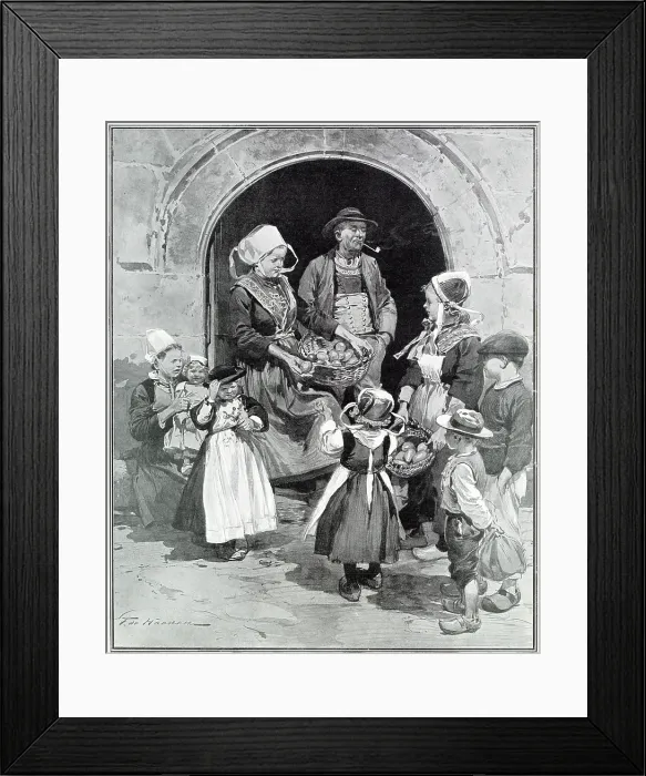 Framed Print : Distributing eggs to poor children in the neighbourhood. A custom amongst the farmers of Finistere, after returning from High Mass on Easter Sunday Framed Print : Distributing eggs to poor children in the neighbourhood. A custom amongst the farmers of Finistere, after returning from High Mass on Easter Sunday