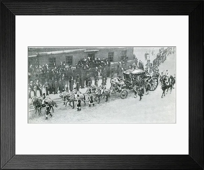 Framed Print : King Edward VII with Queen Alexandra of Denmark in the Gold State Coach, nearly at Victoria Tower. Date: 14th February 1901 Framed Print : King Edward VII with Queen Alexandra of Denmark in the Gold State Coach, nearly at Victoria Tower. Date: 14th February 1901