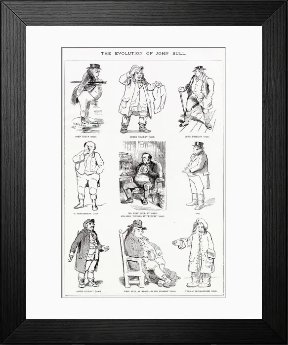Framed Print : Evolutionary look at sketches made in the 18th and 19th century of the well know caricature John Bull by different artists. Date: 1857 - 1793 Framed Print : Evolutionary look at sketches made in the 18th and 19th century of the well know caricature John Bull by different artists. Date: 1857 - 1793