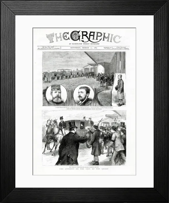 Framed Print : Front cover of The Graphic showing immediately before the attack on Queen Victoria and the attempted assassination by Roderick Maclean at Windsor railway station Framed Print : Front cover of The Graphic showing immediately before the attack on Queen Victoria and the attempted assassination by Roderick Maclean at Windsor railway station