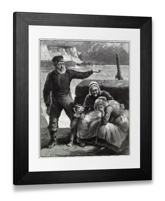 Framed Print : Young widow crying at the edge of the sea, being comforted by his parents after learning the news that her husband has died. Date: 1897 Framed Print : Young widow crying at the edge of the sea, being comforted by his parents after learning the news that her husband has died. Date: 1897