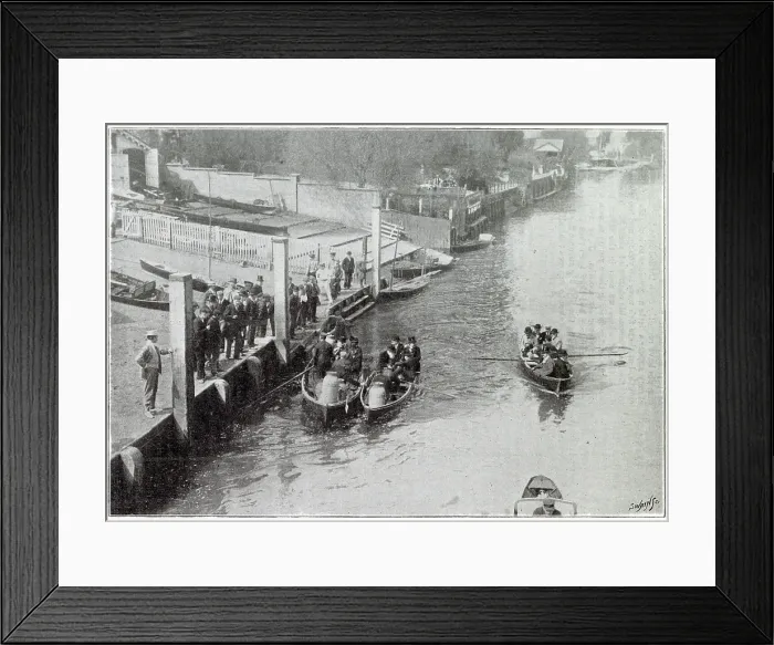 Framed Print : The River Thames in conservancy boats with tins containing the young salmon on their way to the the Weir. Date: 1901 Framed Print : The River Thames in conservancy boats with tins containing the young salmon on their way to the the Weir. Date: 1901