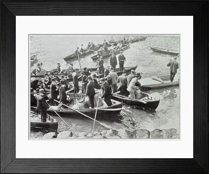 Framed Print : The arrival of the tins containing the young salmon at Teddington Weid pool to be released. Date: 1901 Framed Print : The arrival of the tins containing the young salmon at Teddington Weid pool to be released. Date: 1901