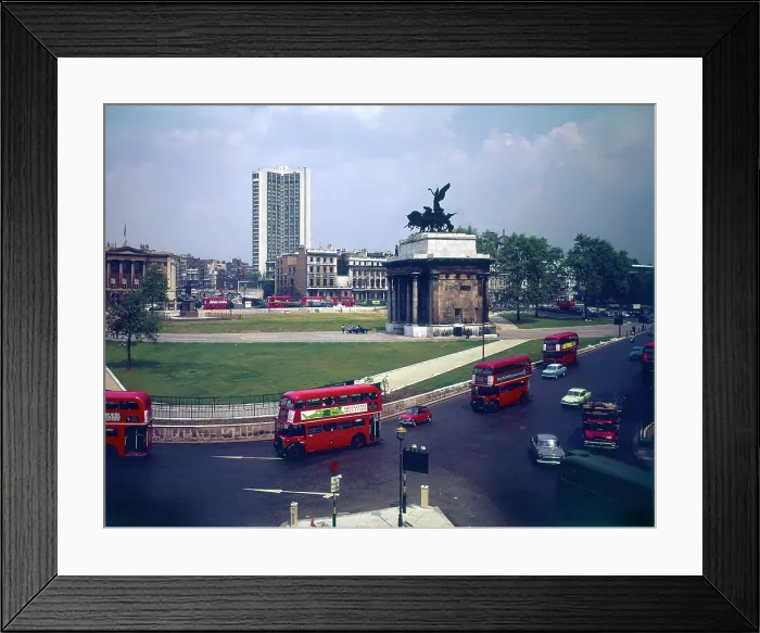 Framed Print : Hyde Park Corner, Wellington Arch and Hilton Hotel, London Date: circa 1960s Framed Print : Hyde Park Corner, Wellington Arch and Hilton Hotel, London Date: circa 1960s