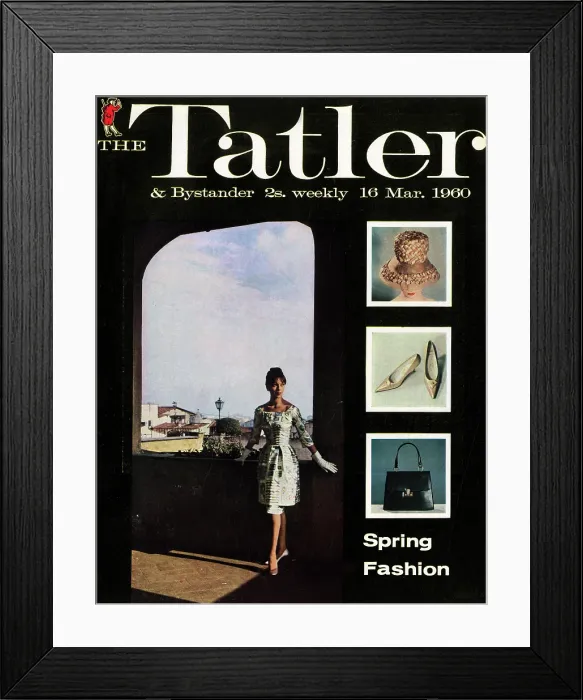 Framed Print : Tatler Front Cover - Photograph by Michael Dunne of a model standing in an archway, wearing a patterned tunic dress of pure silk, on a black background Framed Print : Tatler Front Cover - Photograph by Michael Dunne of a model standing in an archway, wearing a patterned tunic dress of pure silk, on a black background