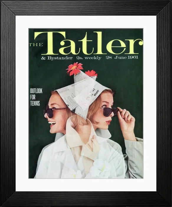 Framed Print : Tatler Front Cover - Two semi-opaque photos of the same woman are imposed over each other, to give the impression that she is looking back and forth at a tennis match Framed Print : Tatler Front Cover - Two semi-opaque photos of the same woman are imposed over each other, to give the impression that she is looking back and forth at a tennis match