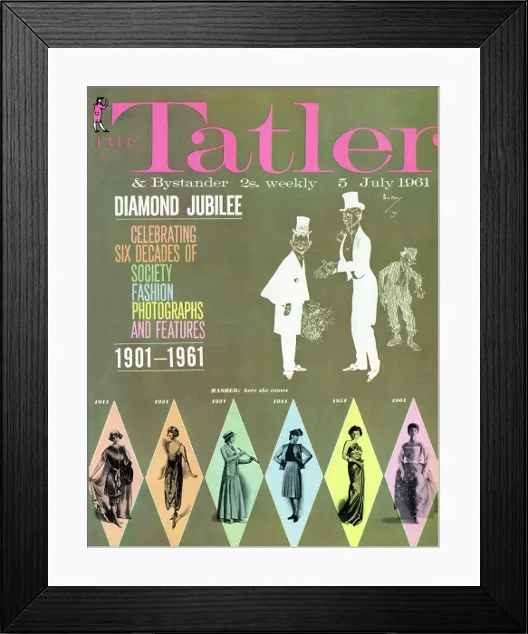 Framed Print : Tatler Front Cover - White illustration on a dark green background, of two men in top hats and suits, with a man in ragged clothes standing behind them Framed Print : Tatler Front Cover - White illustration on a dark green background, of two men in top hats and suits, with a man in ragged clothes standing behind them