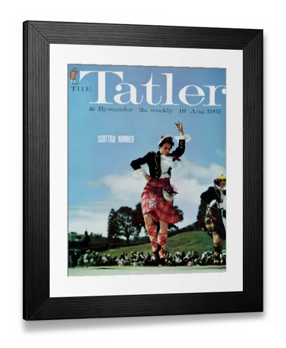 Framed Print : Tatler Front Cover - Photo of Scottish sword dancer Connie Urquhart wearing Menzies red tartan, and dancing at the Comrie Highland Gathering Framed Print : Tatler Front Cover - Photo of Scottish sword dancer Connie Urquhart wearing Menzies red tartan, and dancing at the Comrie Highland Gathering
