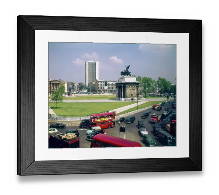Framed Print : Hyde Park Corner, Wellington Arch and the Hilton Hotel, London. Date: circa 1960s Framed Print : Hyde Park Corner, Wellington Arch and the Hilton Hotel, London. Date: circa 1960s