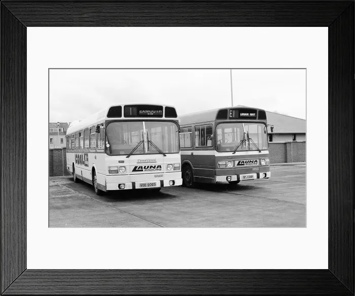 Framed Print : Leyland National buses SFJ 136R and VOD 606S Framed Print : Leyland National buses SFJ 136R and VOD 606S