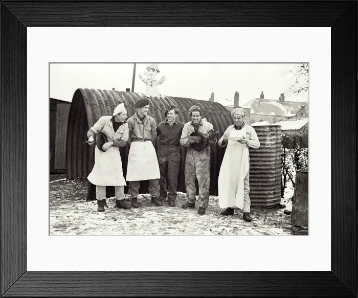 Framed Print : Five Polish soldiers, including cooks at the Helmsley Polish Resettlement Camp, next to a Nissen Hut Date: 1947 - 1948 Framed Print : Five Polish soldiers, including cooks at the Helmsley Polish Resettlement Camp, next to a Nissen Hut Date: 1947 - 1948