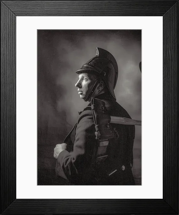 Framed Print : Portrait of fireman in uniform at Coronet photo studio, Haymarket, Sheffield Date: 1948 - 1950 Framed Print : Portrait of fireman in uniform at Coronet photo studio, Haymarket, Sheffield Date: 1948 - 1950
