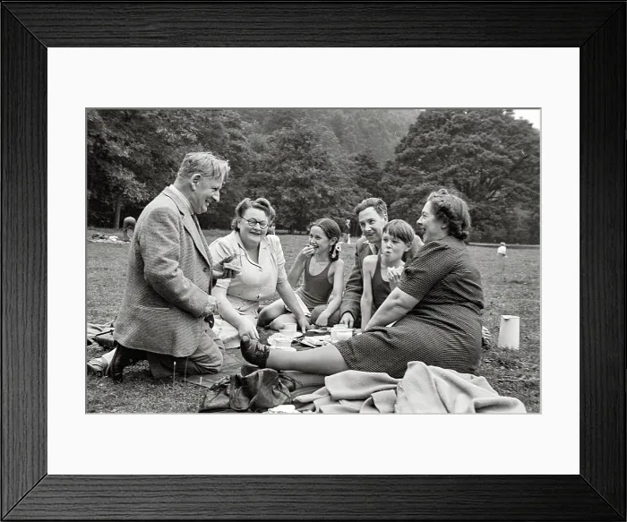 Framed Print : Boddy family, close friends of John, having picnic in Yorkshire with teapot and Bill Boddy in suit Date: 1948 - 1950 Framed Print : Boddy family, close friends of John, having picnic in Yorkshire with teapot and Bill Boddy in suit Date: 1948 - 1950