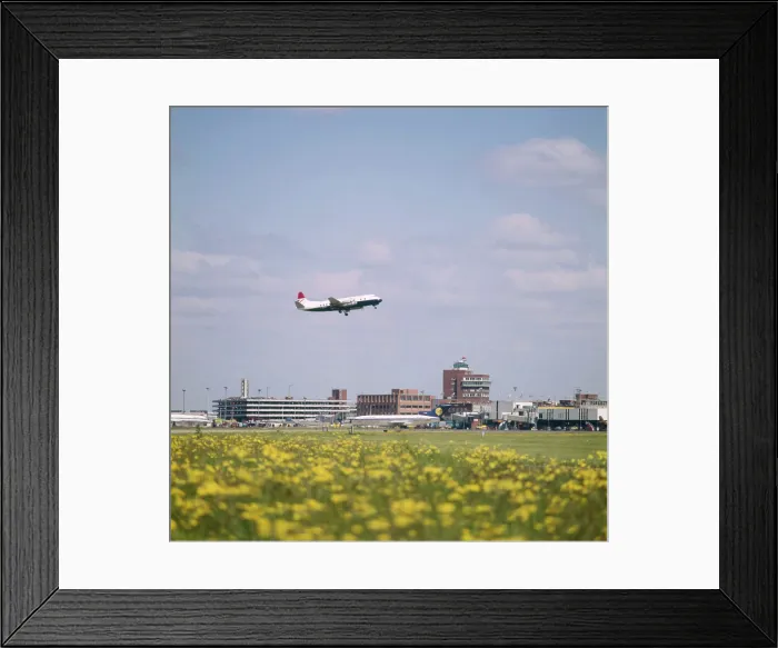 Framed Print : London Heathrow Airport - View out over the runways with plane taking off. Date: circa 1960s Framed Print : London Heathrow Airport - View out over the runways with plane taking off. Date: circa 1960s