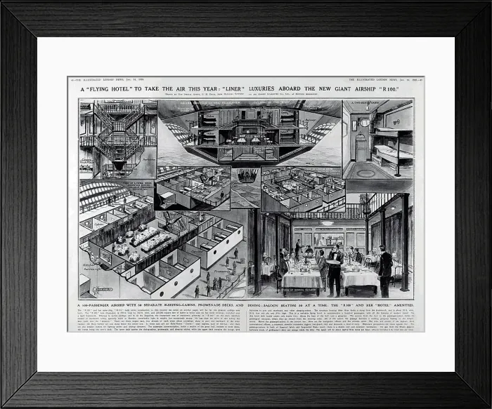 Framed Print : A flying hotel to take to the air this year. Luxuries aboard the new giant airship, R100. Cross sectional illustration by G.H Framed Print : A flying hotel to take to the air this year. Luxuries aboard the new giant airship, R100. Cross sectional illustration by G.H