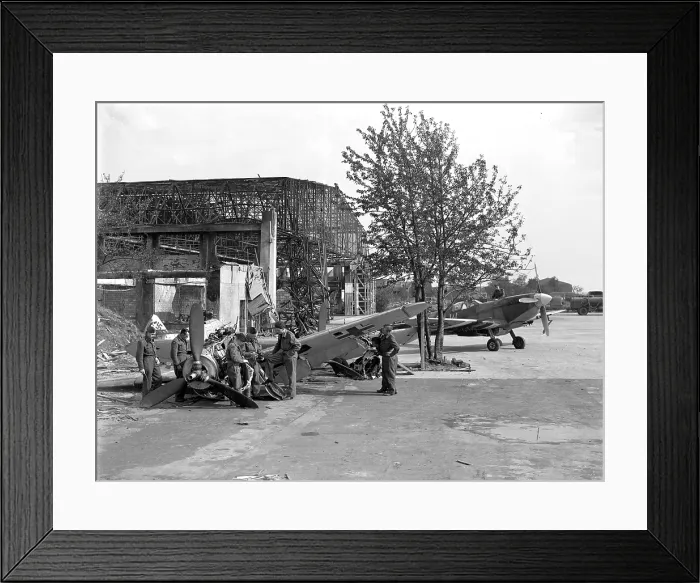Framed Print : Supermarine Spitfire MkIX with wrecked Messerschmitt Bf 109G Framed Print : Supermarine Spitfire MkIX with wrecked Messerschmitt Bf 109G