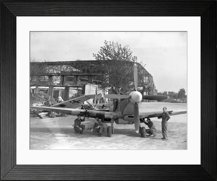 Framed Print : Supermarine Spitfire MkIX with wrecked Messerschmitt Bf 109G Framed Print : Supermarine Spitfire MkIX with wrecked Messerschmitt Bf 109G