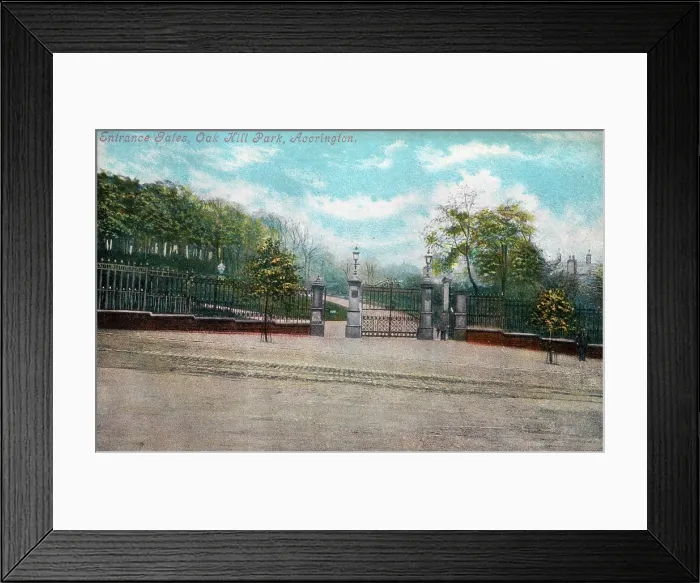 Framed Print : Entrance Gates to Oak Hill Park, Accrington, Lancashire. Date: circa 1909 Framed Print : Entrance Gates to Oak Hill Park, Accrington, Lancashire. Date: circa 1909