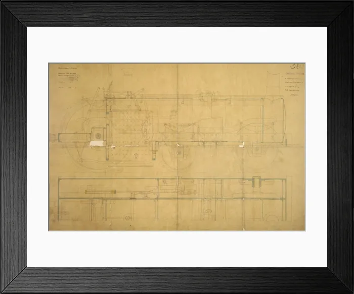 Framed Print : Locomotive passenger engine, side elevation and section Framed Print : Locomotive passenger engine, side elevation and section