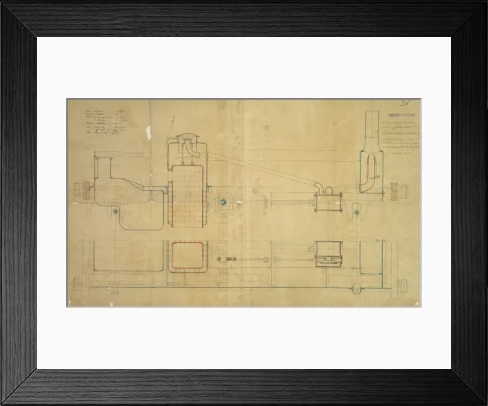 Framed Print : Double boiler tank engine, side elevation and sections Framed Print : Double boiler tank engine, side elevation and sections