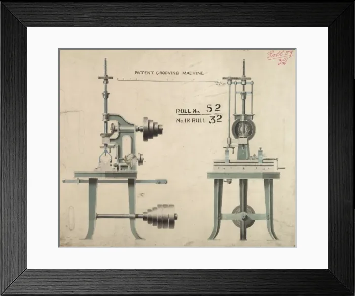 Framed Print : Patent grooving machine, front and side elevations Framed Print : Patent grooving machine, front and side elevations