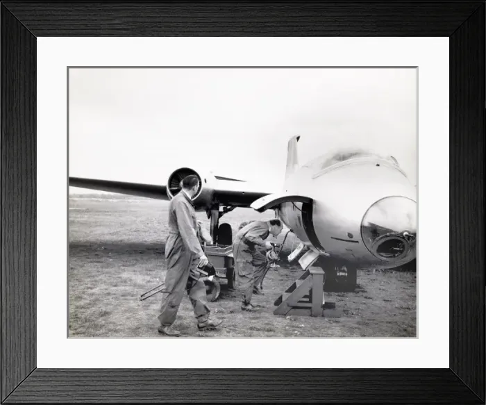 Framed Print : Two technicians beside WK163 one looks inside the engine hat Framed Print : Two technicians beside WK163 one looks inside the engine hat